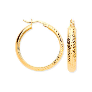 Gold Half Diamond Cut Half Plain Hoop Earrings