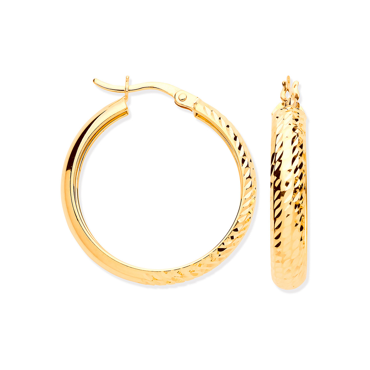 Gold Half Diamond Cut Half Plain Hoop Earrings ER1588