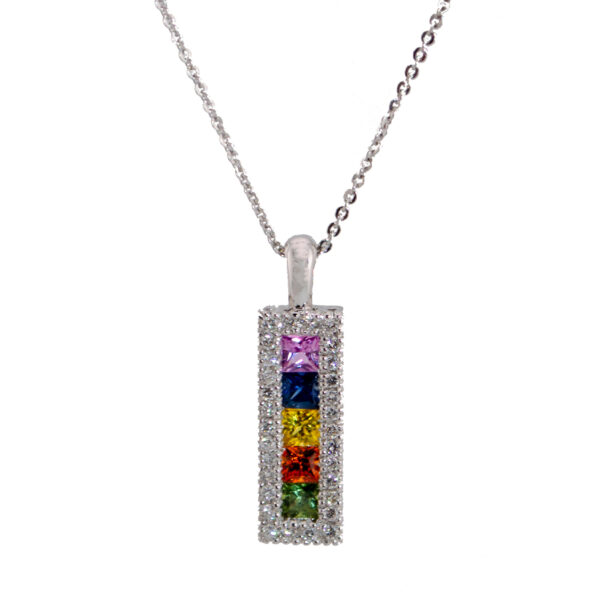 Multi Colour Princess cut Sapphire Diamond and Chain Pendant 6E29W-18DS