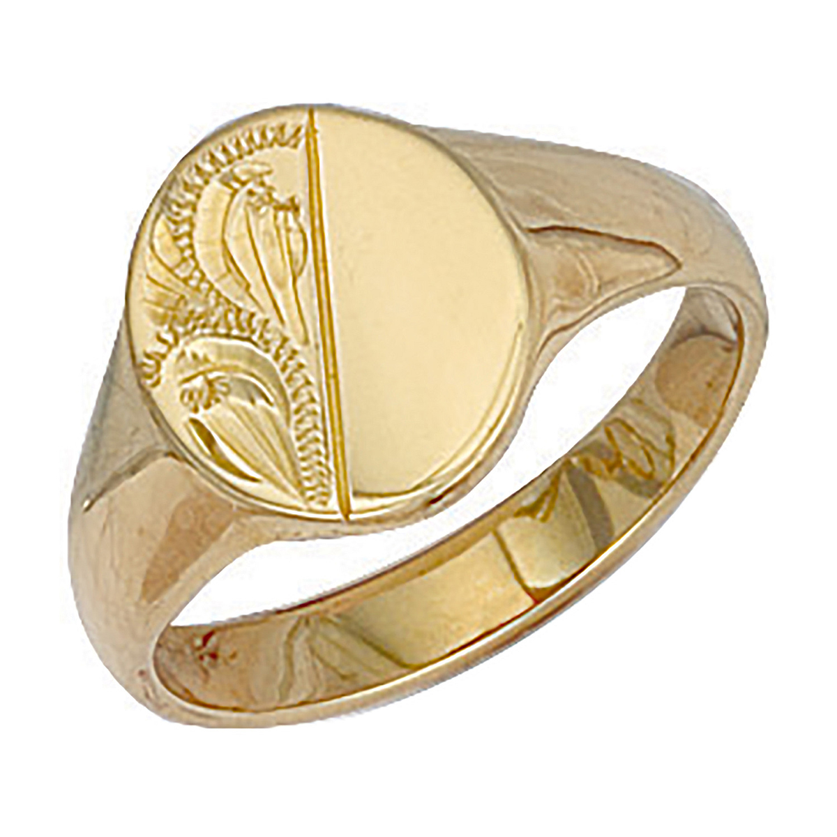 9ct Gold Half Engraved Oval Signet Ring R0122