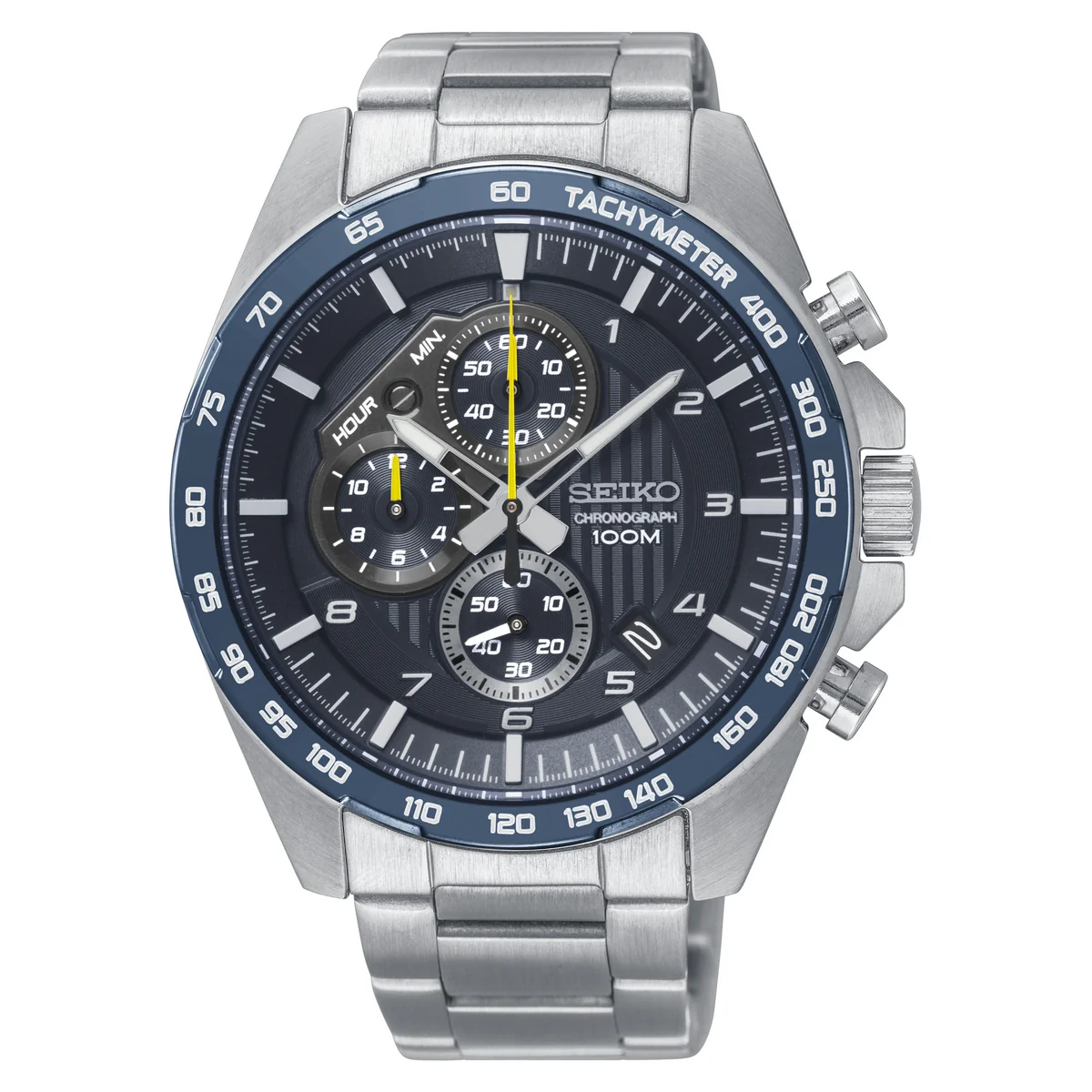 Featuring Plain bezel on Stainless Steel case and bracelet, Blue dial with 3 black sub-windows with date, 24 hours and chronograph, Hardlex crystal