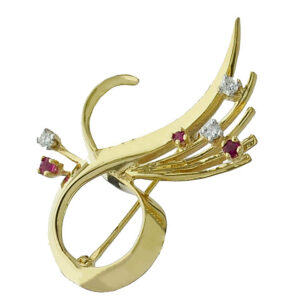 Diamond and Ruby Ribbon Brooch